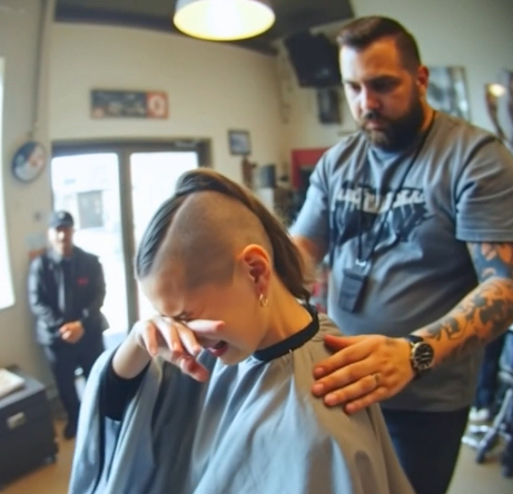 A young woman went to the barbershop to shave off her hair that was falling