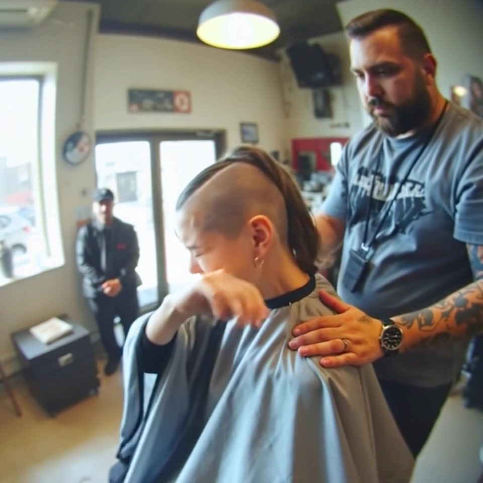 A young woman went to the barbershop to shave off her hair that was falling