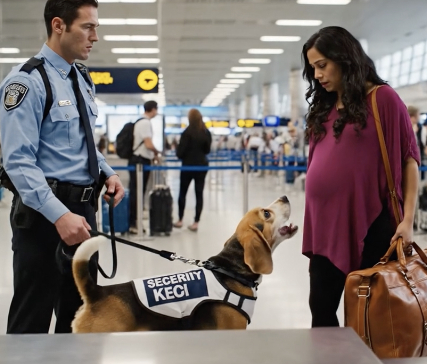 A dog barks frantically at a pregnant woman in an airport—and the truth security uncovers