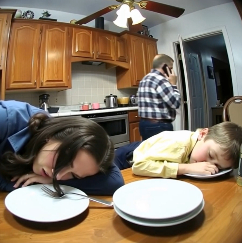 My husband cooked dinner, and right after my son and I ate, we collapsed. Pretending